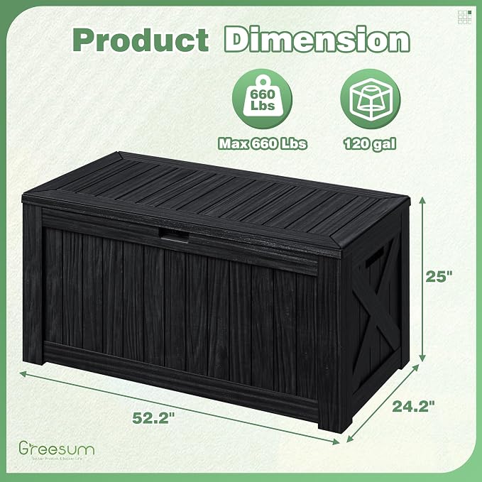 Greesum Outdoor Storage Box 120 Gallon Storage Bin with Lid for Patio Furniture, Garden Tools, Pool Supplies, Lockable, Waterproof and UV Resistant, Black