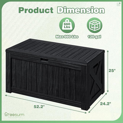 Greesum Outdoor Storage Box 120 Gallon Storage Bin with Lid for Patio Furniture, Garden Tools, Pool Supplies, Lockable, Waterproof and UV Resistant, Black