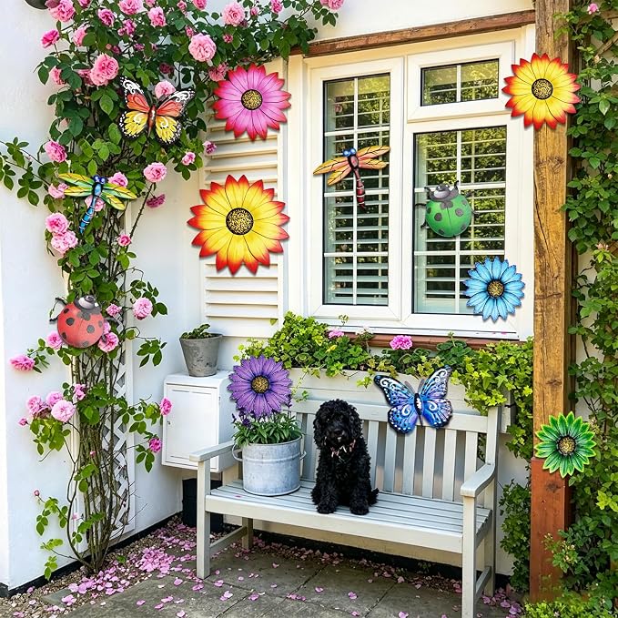 Super Ubelle 12 Pcs 3D Metal Garden Flower Wall Art Decor Kit | Outdoor Wall Art Flower Butterfly Dragonfly Ladybug Hanging Decorations for Patio Yard Backyard Balcony