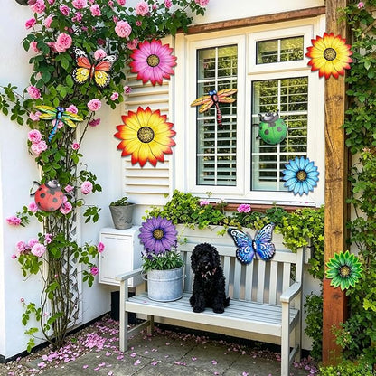 Super Ubelle 12 Pcs 3D Metal Garden Flower Wall Art Decor Kit | Outdoor Wall Art Flower Butterfly Dragonfly Ladybug Hanging Decorations for Patio Yard Backyard Balcony