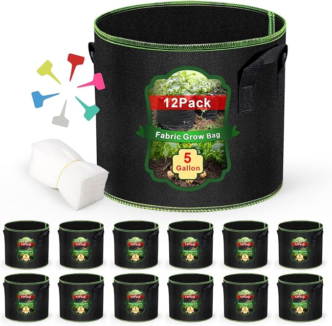 MEKOLIFE 5 Gallon Grow Bags 12 Pack - Thickened Nonwoven Aeration Planter Bags with Handles, Plant Tags & Seedling Bags, Heavy Duty Black Fabric Pots for Vegetable Gardening Garden Outdoor