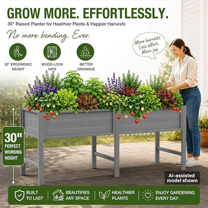 YEFU 72" Large Raised Garden Bed, Wood-Look HIPS 6ft Extra Large Bed, Grey | Extra Large Garden Bed for Backyard Growing, 6ft Design, Wood-Look HIPS, Drainage, 770 lbs High Capacity Support