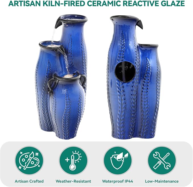 29.5" H Ceramic Outdoor Water Fountain with LED Lights, 3-Tier Vase Cascading Water Feature, Cobalt Blue with Embossed Leaf Patterns, Tranquil Waterfall for Garden, Patio, Yard, or Porch