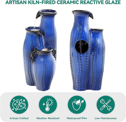 29.5" H Ceramic Outdoor Water Fountain with LED Lights, 3-Tier Vase Cascading Water Feature, Cobalt Blue with Embossed Leaf Patterns, Tranquil Waterfall for Garden, Patio, Yard, or Porch