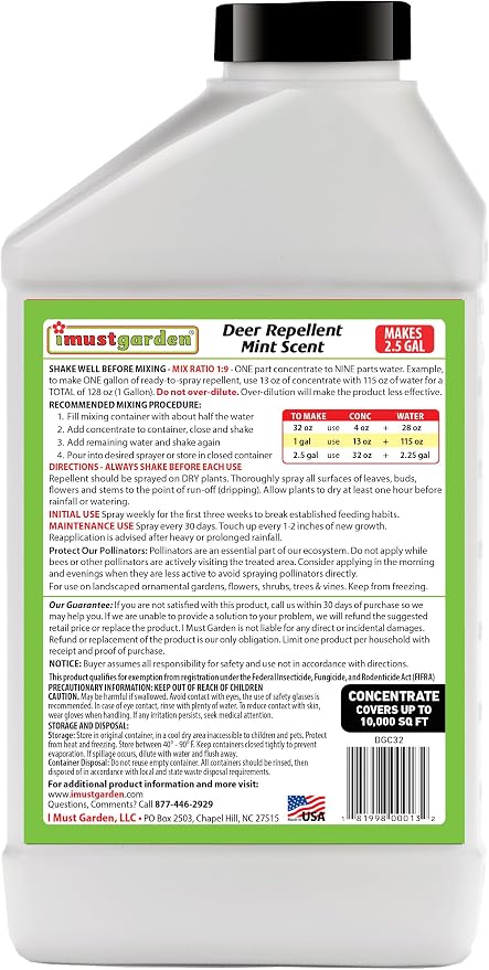 I Must Garden Deer Repellent Concentrate – 32oz: Mint Scent Deer Spray for Plants – Natural Ingredients - Makes 2.5 Gallons & Covers 10,000 sq ft