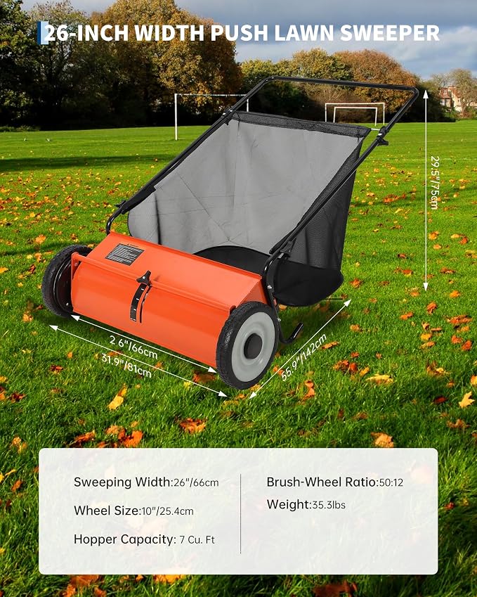 GarveeLife 26 Inch Push Lawn Sweeper with 4 Spinning Brushes, 7 Cu.ft Large Capacity Leaf Collector, Adjustable Height Grass Sweeper, All Terrain Lawn Leaf Debris Removal Tool for Yard Garden Patio