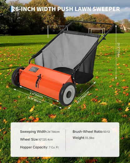GarveeLife 26 Inch Push Lawn Sweeper with 4 Spinning Brushes, 7 Cu.ft Large Capacity Leaf Collector, Adjustable Height Grass Sweeper, All Terrain Lawn Leaf Debris Removal Tool for Yard Garden Patio