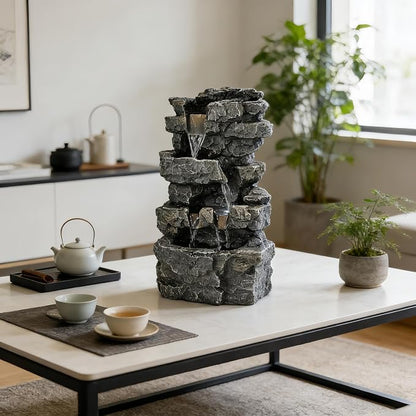 Tabletop Rock Waterfall Fountain, 4-Tier Stacked Stone, Resin, LED Lights, USB Powered, 7.08 x 5.5 x13.3Inches