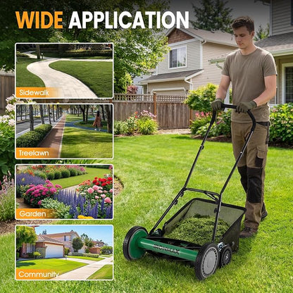 Goplus 18 Inch Push Reel Lawn Mower, 5-Blade Manganese Steel Manual Grass Cutter, 4-Position Adjustable Height, Removable Grass Catcher, Quiet No-Motor Walk-Behind Mower for Yard, Lightweight