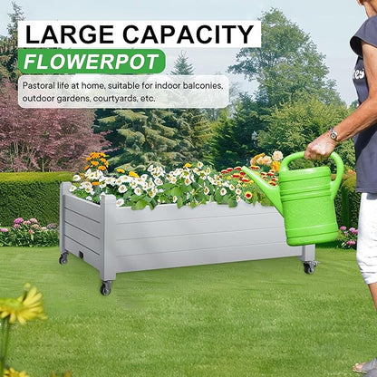 PatioZen Raised Garden Bed with Wheels, 21 Gallon Self-Watering Outdoor Raised Planter Box with Drainage Plug & Gauge for Vegetables Flowers Herbs, Rustproof Resin for Backyard Patio Porch (Ashen)