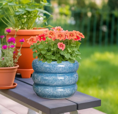 SQOWL 8 Inch Plant Pot with Drainage Hole - Ceramic Pot for Plants Outdoor Planter for Indoor Plants Decorative Plant Pot Medium Flower Pot Round Planter for Bathroom House Decor Blue