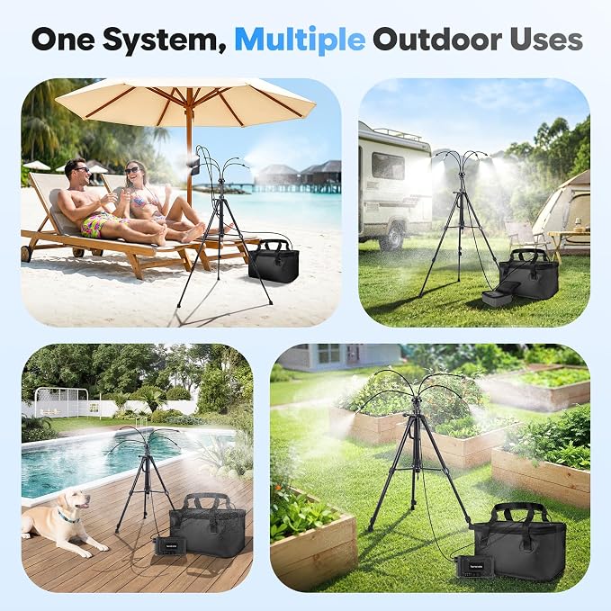 homenote Portable Standing Misting System – 12,000mAh Pump, 20L Bucket, 4.8FT Adjustable Tripod Base, Outdoor Cooling Misters for Backyard, Pool, Beach, Camping, Picnic, Greenhouse, Chicken Coop