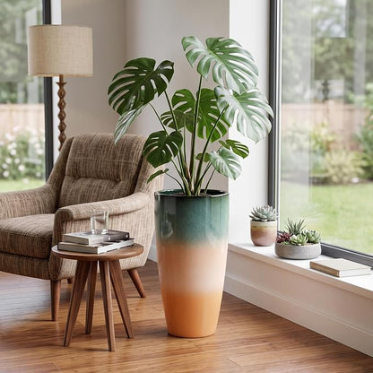Sun-E Tall Planters for Outdoor Indoor Plants, 21-Inch Large Planter with Removable Insert Shelf, High Glossy Glazed Ceramic-Look Tri-Tone Gradient Tall Flower Pots for Entryway Corner Luxury Decor