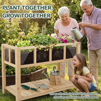 Raised Garden Bed Outdoor with Shelf, 43.7''x23.2''x30.7''Wood Planter Box with Transparent Window, Drainage Holes, Liner, Garden Beds Flower Stand for Balcony Kitchen, Gift for Gardening
