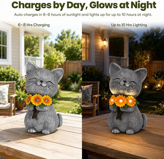 Solar Garden Statues Cat with Daisy and LED Lights Birthday Gifts for Women Mom Grandma Solar Outdoor Cat Decor for Outside,Outdoor Solar Lights for Yard, Garden and Patio, Unique Gift for Women