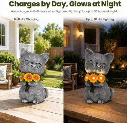 Solar Garden Statues Cat with Daisy and LED Lights Birthday Gifts for Women Mom Grandma Solar Outdoor Cat Decor for Outside,Outdoor Solar Lights for Yard, Garden and Patio, Unique Gift for Women