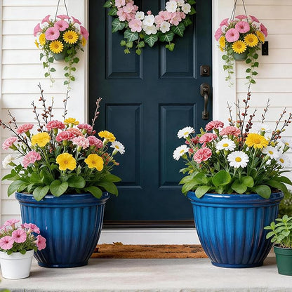 Autodaya 15" Large Flower Pots Set of 2 Plastic Planters for Outdoor Plants | Plant Pot with 3D Textures, Gradient Cobalt Blue Glaze, Weather-Resistant for Porch, Garden, Patio or Indoor Use