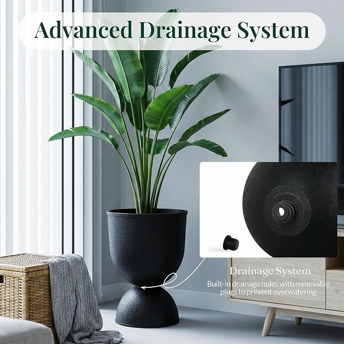 KOL Planters Flower Pots, Plastic Urn Planters for Indoor Outdoor Plants, Black Pedestal Planter Pots 2 Pack, 18 Inch Tall Decorative Planters with Drainage Holes & Plugs for Front Porch Patio Garden