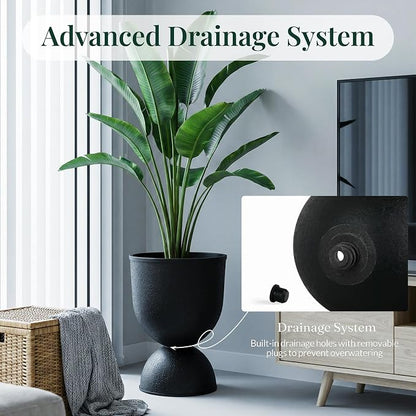 KOL Planters Flower Pots, Plastic Urn Planters for Indoor Outdoor Plants, Black Pedestal Planter Pots 2 Pack, 18 Inch Tall Decorative Planters with Drainage Holes & Plugs for Front Porch Patio Garden