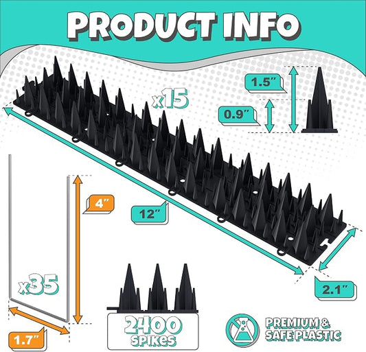 15 Pack Upgraded Bird Deterrents for Outside Patio - Balcony Pigeon Deterrent with 2400 Spikes to Keep Birds Away. Anti Bird Spikes for Pigeons and Other Small Birds, Crows, Woodpecker Deterrents