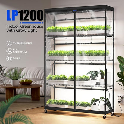 Barrina LP1200 Indoor Greenhouse with Grow Light, 5-Tier, 200W TX-S50 3.2FT 5000K, Full Spectrum Plant Shelf with Tent Timer & Thermometer for Seed Starting, 47.2 x 13.8 x 70.9IN