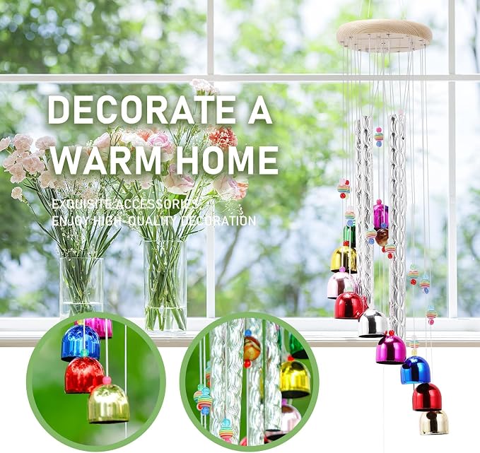 Pleasant Colorful Wind Chimes with 4 Aluminum Tubes 13 Bells with Soothing Sound for Patio Porch Backyard Decoration/Meditation/Yoga…