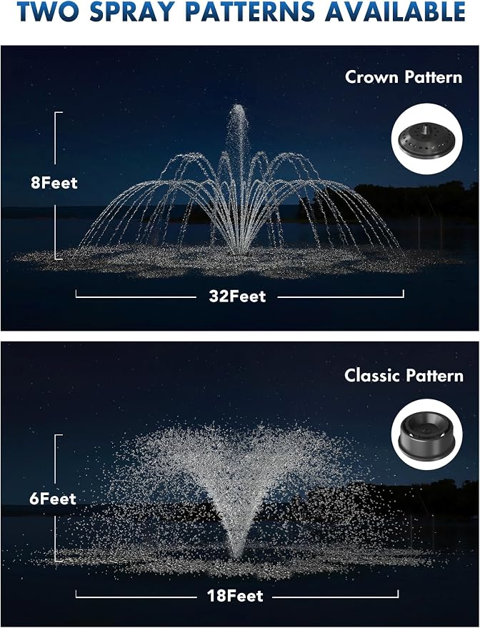 FS01 110V, 1 HP, Large Pond Floating Fountain, Oil Free Pump 13000 GPH with 100’ Cord, Two Spray Patterns Included