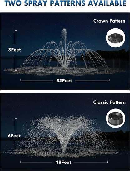 FS01 110V, 1 HP, Large Pond Floating Fountain with LED RGB Lights, Oil Free Pump 13000 GPH with 100’ Cord, Two Spray Patterns Included