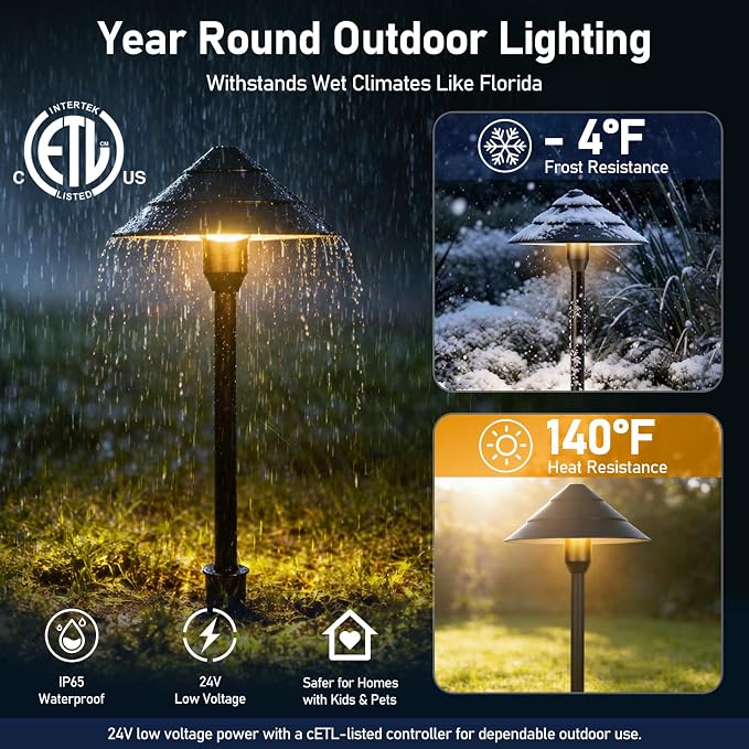 12-Light Low Voltage Landscape Lighting System, 8 Pathway Lights & 4 Spotlights, 60W 24V ETL Controller, Plug-and-Play, IP65 Waterproof, Remote & Timer, 3000K Warm White, 127FT for Path Garden