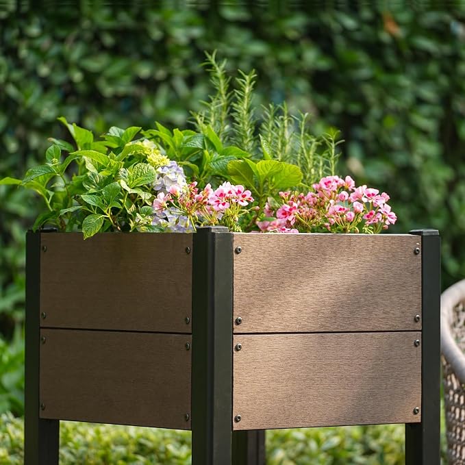 Garden Raised Bed with Shelf, 19*19*33.5in Deep Root Planter Box for Patio, Outdoor Herb with Bottom, Vegetable, and Flower Gardening - Durable Wooden Style Planter Box for Easy Mobility and Clearance
