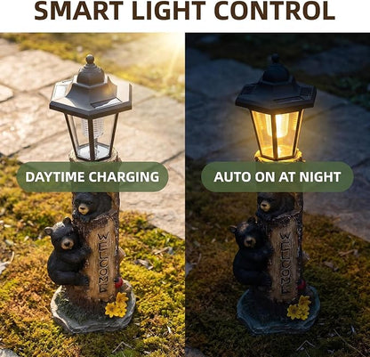 Brown Bear Statue for Garden with Solar Lights, 19 Inch Resin Bear Cubs Welcome Sign Outdoor Decor, Solar Powered Auto On/Off LED, Weather Resistant Yard Lawn Patio Cabin Figurine