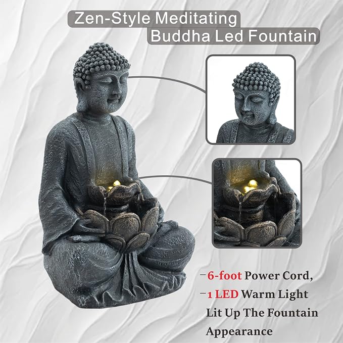 28'' Zen Buddha Water Fountain with LED Light and Pump, 2 Tier Polyresin Meditating Buddha Outdoor Fountain, Lighted Waterfall Statue for Garden Patio Backyard Indoor Decor