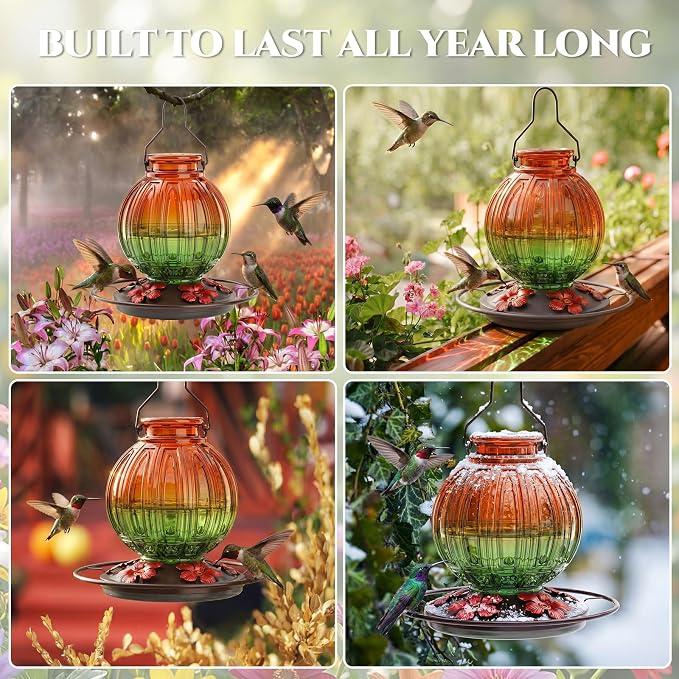 Glass Hummingbird Feeder for Outdoors Hanging, 26Oz Bird Nectar Feeder with Perch & 5 Flower Feeding Ports, Leak Proof for Outside Garden Decor Backyard, Gifts for Women Mom, Orange & Green