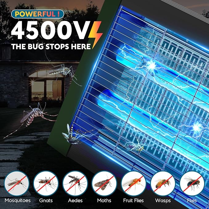 Solar Bug Zapper Outdoor, Waterproof Mosquito Zapper Outdoor Solar Powered, 4500V Electric Bug Zapper Indoor w/Smart Light Sensor, Mosquito Trap Fly Zapper for Patio Kitchen Garage Yard Camping