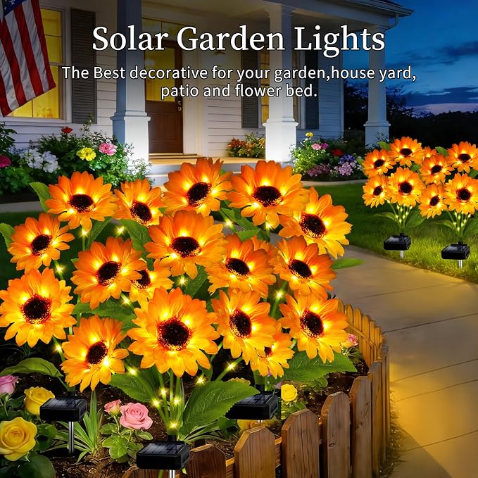Solar Garden Lights Outdoor, 4 Pack Solar Sunflower Lights with 18 Head 3.5 Inch Flowers, Waterproof Flowers Light Fall Decor Auto ON/Off for Garden Yard Patio Backyard, Gifts for Mom Women