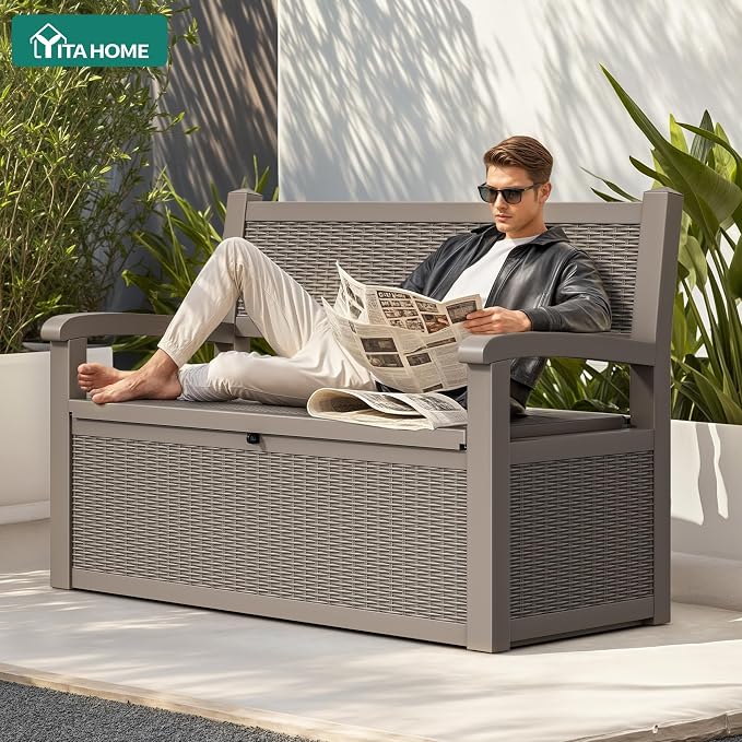 YITAHOME 70 Gallon Deck Bench with Storage | Outdoor Storage Box Bench with Armrests for Patio Garden Pool Porch , Waterproof&Lockable, Light Brown