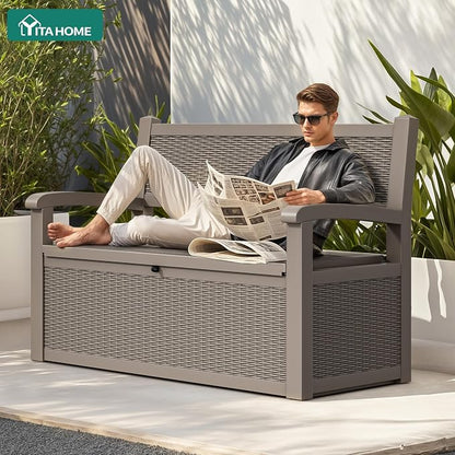 YITAHOME 70 Gallon Deck Bench with Storage | Outdoor Storage Box Bench with Armrests for Patio Garden Pool Porch , Waterproof&Lockable, Light Brown