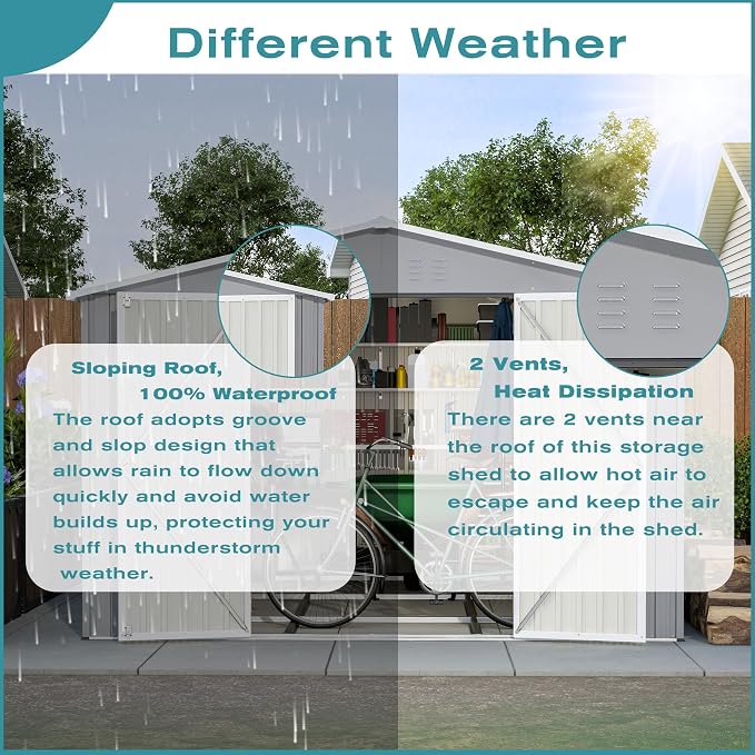 YOPTO 12X10 FT Metal Outdoor Storage Shed W/Floor & Lockable Door,Gray | Galvanized Steel Garden Shed W/ 4 Air Vents,Sloped Roof,Reinforced Structure,All Weather Waterproof for Patio,Backyard,Lawn