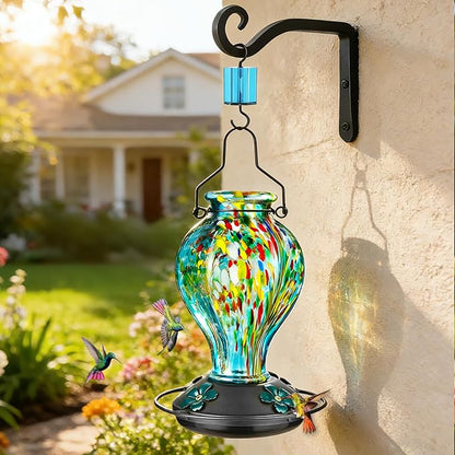 Hand Blown Glass Hummingbird Feeders for Outdoors Hanging, 24oz Wild Bird Nectar Feeder with Ant Moat and Perch, Bee-Resistant Ports, Garden Decor, Gifts for Women Mom, 1 Pack, Blue Fireworks
