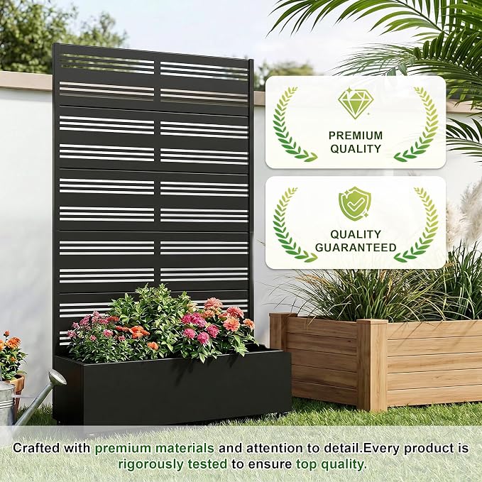 Casaphoria Metal Raised Garden Bed with Trellis and Wheels, 72"x47"x16" Planter Box for Climbing Plants, Vegetables & Vines, Features Drainage Holes and Privacy Screen (Black-Harold)
