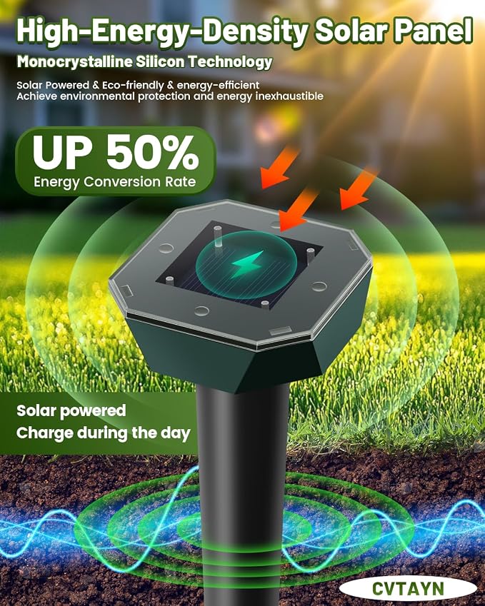 Snake & Mole & Rabbit & Skunk Repellent Solar Powered, Upgraded Ultrasonic Deterrent, IP65 Waterproof, Gopher Groundhog Chipmunk Raccoon and Vole Repellent & Deterrent for Lawn & Garden, 10 Pack
