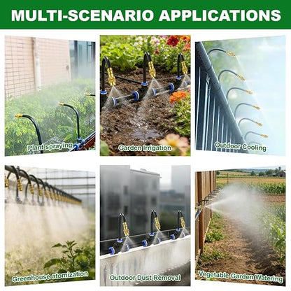 Drip Irrigation System, 100FT 1/4" Garden Watering for Outdoor Plants & Raised Beds, 30pcs Upgraded Brass Nozzles 360° Adjustable Misting Kit, UV-Resistant Tubing for Greenhouse, Lawn & Patio Cooling