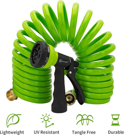 AUTOMAN EVA Recoil Garden Hose 25ft - Includes 7 Pattern Spray Nozzle,Curly Water Hose 25 Foot,Watering Hose Coil,Retractable,Corrosion Resistant Garden Coil Hose.Green