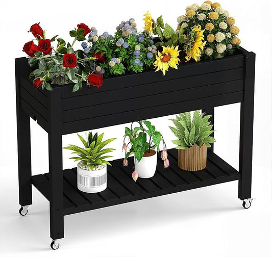PatioZen Raised Garden Bed, 33.66" Tall Self-Watering Resin Planter Box with Legs & Lockable Wheels Drainage Plug and Gauge for Flowers, Vegetables, Storage Shelf for Tools and Accessories Black