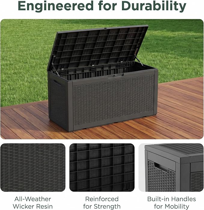 100 Gallon Deck Box, Waterproof Resin Rattan Outdoor Storage Box Lockable for Patio Furniture, Fade Resistant Patio Side Table & Organizer for Garden Tools, Pool Float, Outdoor Cushions, Black