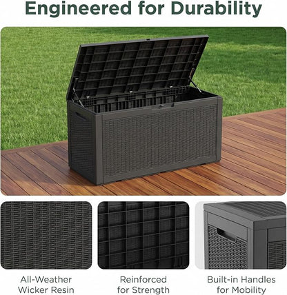 100 Gallon Deck Box, Waterproof Resin Rattan Outdoor Storage Box Lockable for Patio Furniture, Fade Resistant Patio Side Table & Organizer for Garden Tools, Pool Float, Outdoor Cushions, Black