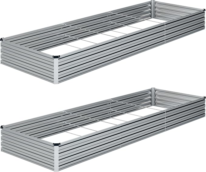 2PCS 10x3x1ft Galvanized Raised Garden Bed Kit,Gardening Planter Box | Outdoor Elevated Metal Planter Box For Vegetables, Flowers, Herbs, Anti-Rust Galvanized Steel, Open Drainage, Sturdy (Silver)