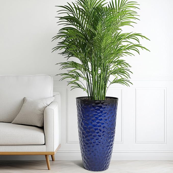 23.75" Cobalt Blue Plastic Tall Planters with Honeycomb Texture | Set of 2 PP tall planters with cobalt blue honeycomb texture, drainage plugs, and UV-treated finish for porch or patio