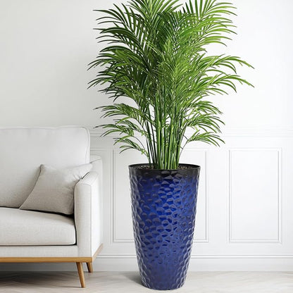 23.75" Cobalt Blue Plastic Tall Planters with Honeycomb Texture | Set of 2 PP tall planters with cobalt blue honeycomb texture, drainage plugs, and UV-treated finish for porch or patio