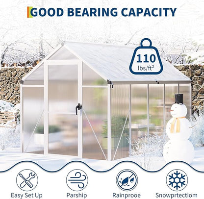 6X10 Ft Polycarbonate Greenhouse Sunroom with Aluminum Frame, Outdoor Greenhouse for Vegetables Herbs Flowers, Lockable Door & Adjustable Roof Vent, Patio Backyard Greenhouse Kit for Gardening, Silver